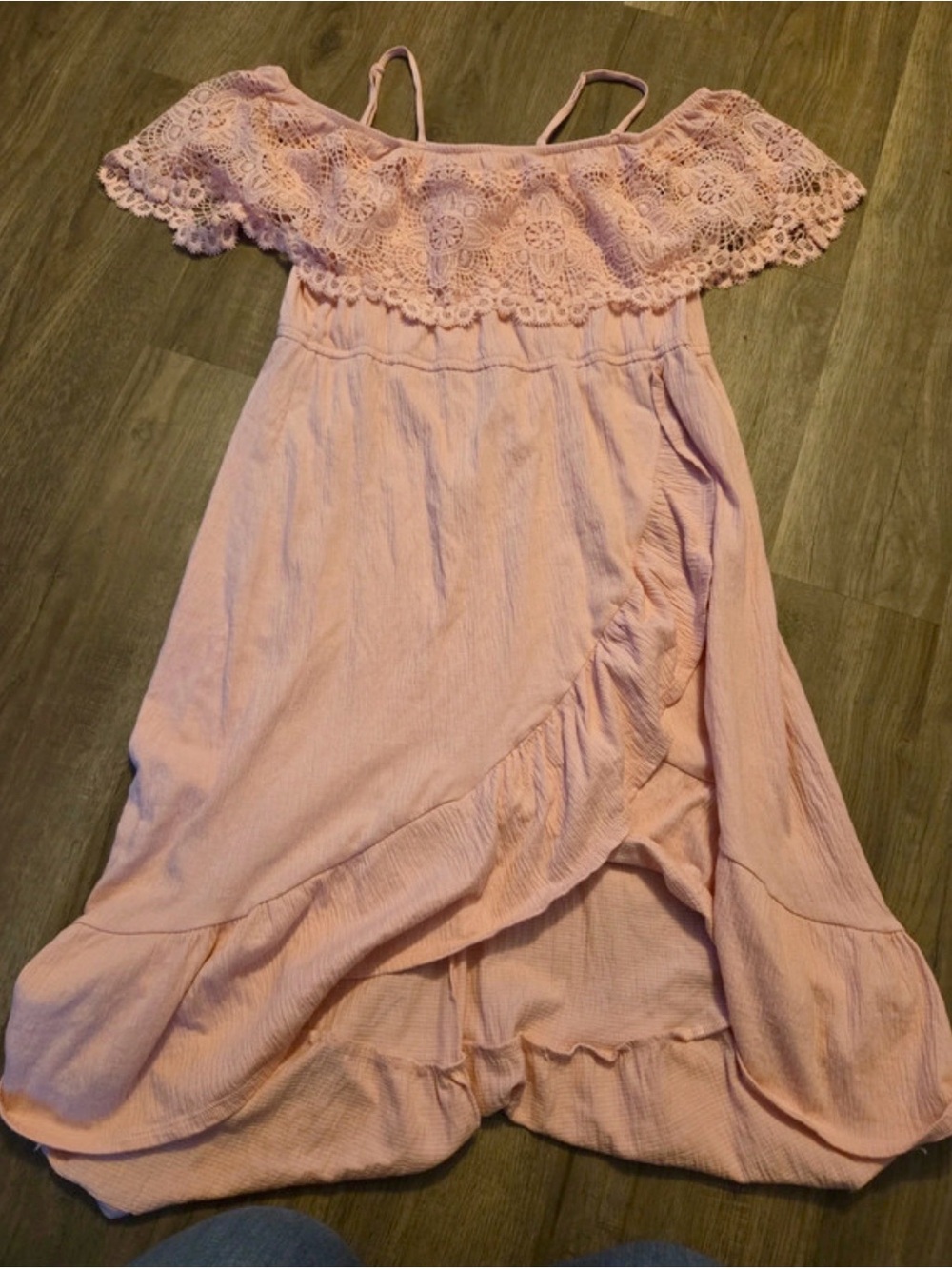 No Boundaries Light Pink Off-Shoulder Lace Trim Dress